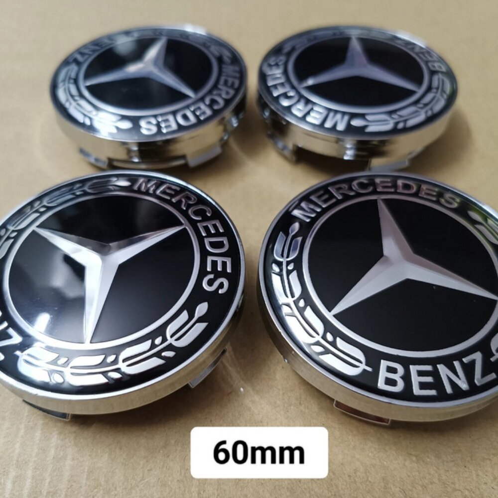 Set of 4 Mercedes Benz AMG 60 MM New Black Wreath Wheel Hub Center Caps